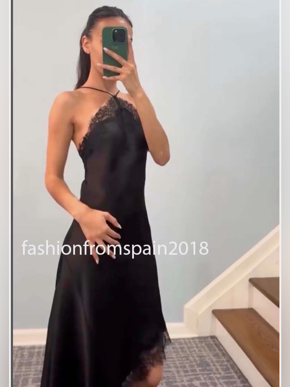 ZARA NEW WOMAN HALTER ASYMMETRIC ZW COLL. SATIN LACE DRESS BLACK 5919/201/800 - Picture 6 of 16